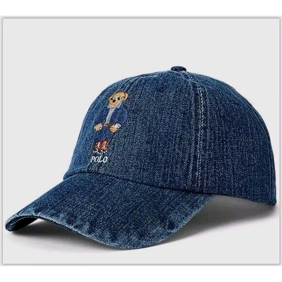 Polo Ralph Lauren BEAR Dark Wash Denim Blue Leather Strapback Baseball H… - Picture 1 of 7